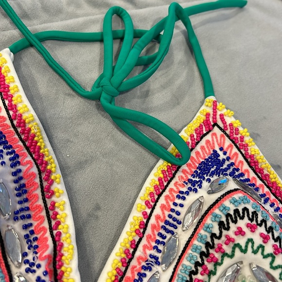 Colorful Beaded White Triangle Style Bikini Top-Sz M - Picture 4 of 10